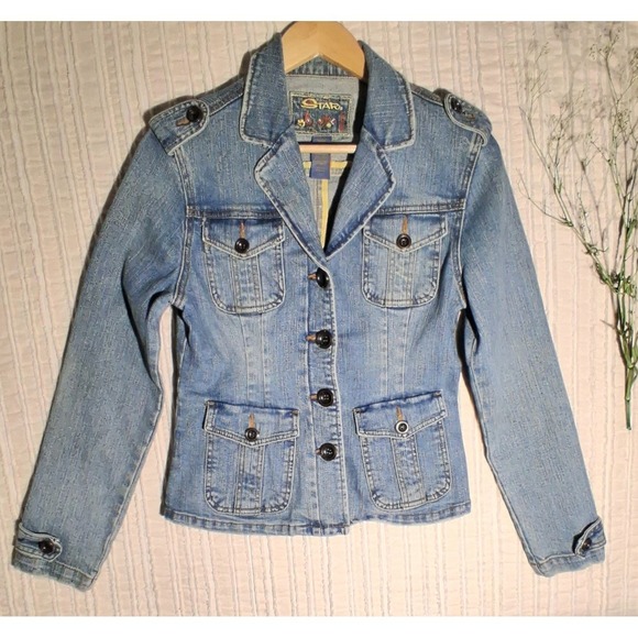 Y2k STAR Light Wash Denim Jacket Women's Button Front Military Style Jean Coat - Picture 5 of 17